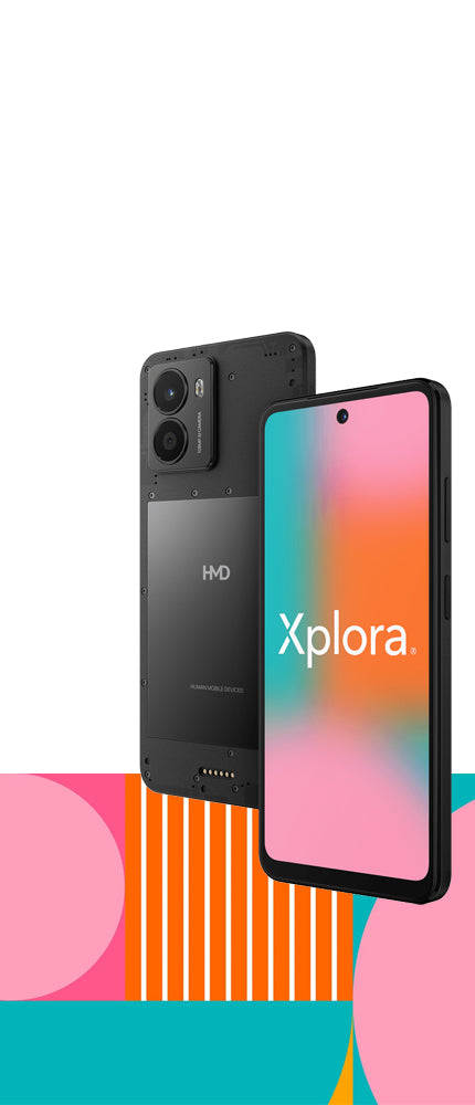Smartphone HMD Fusion X1 con diseño robusto y pantalla frontal encendida con el logo de Xplora.
