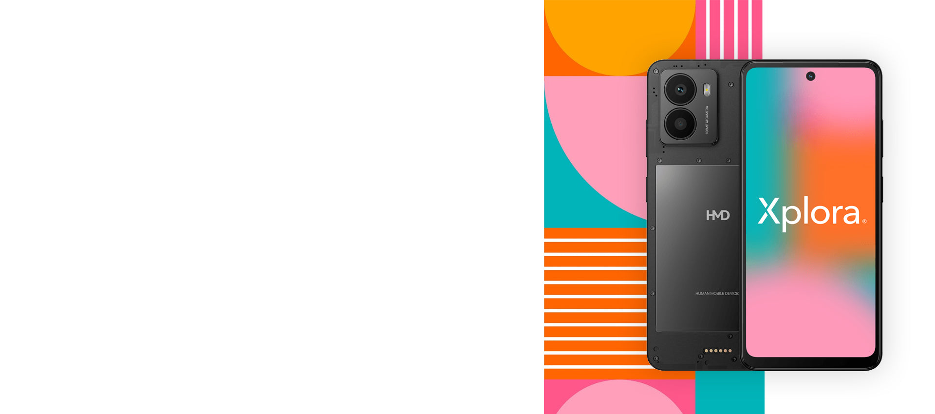 Imagen promocional del HMD Fusion X1 mostrando la parte delantera y trasera del dispositivo con diseño moderno y colores llamativos.
